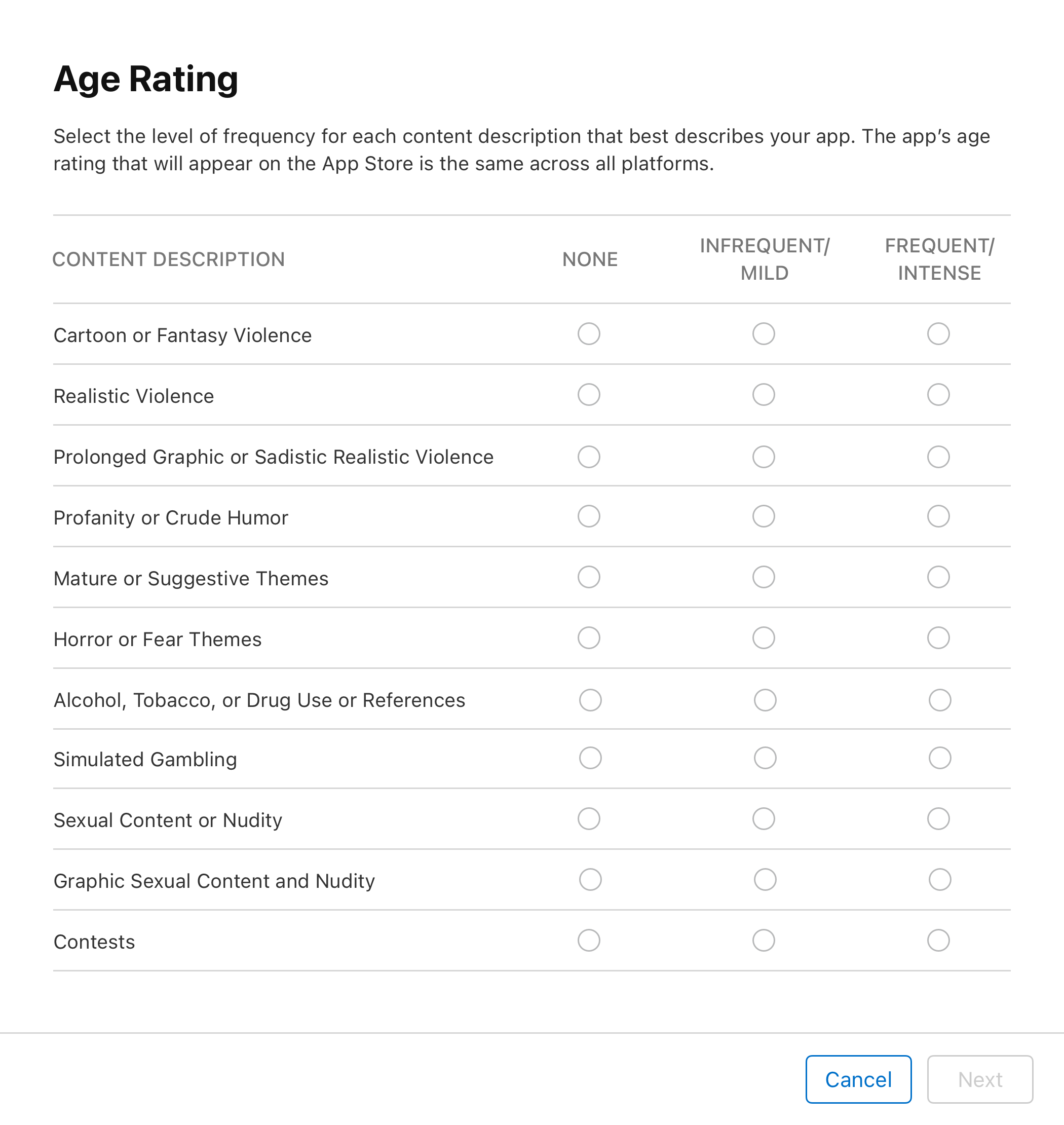 Screenshot of the Age Rating dialog which lists selectable content descriptions and their frequency levels: None, Infrequent/Mild, and Frequent/Intense. The Cancel and Next buttons are located at the bottom-right.