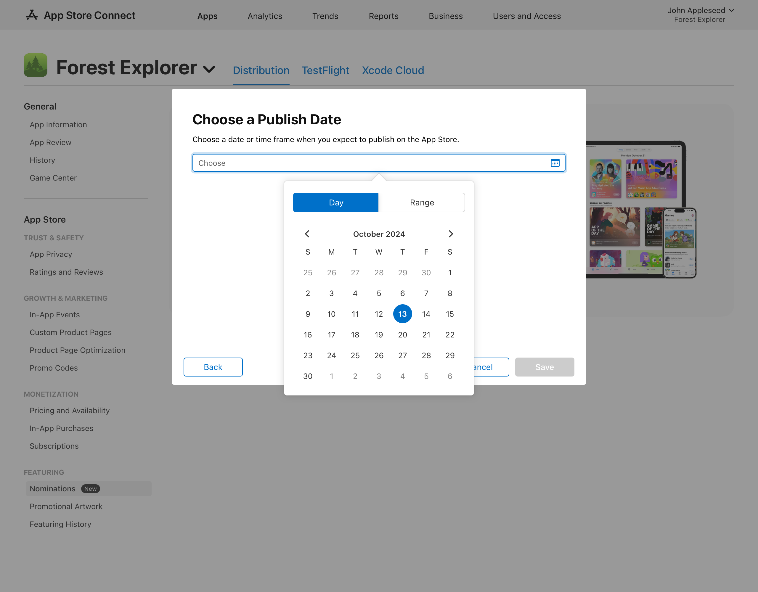 The “Choose a Publish Date“ dialogue contains a field to enter the expected date or time frame to publish on the App Store. When the field is clicked, a calendar appears with options to select a date. The calendar has two tabs labeled “Day“ and “Range“ for choosing specific dates or cutom date ranges. At the bottom of the dialog, the “Back” button is on the left, and the “Cancel” and “Next” buttons are on the right.