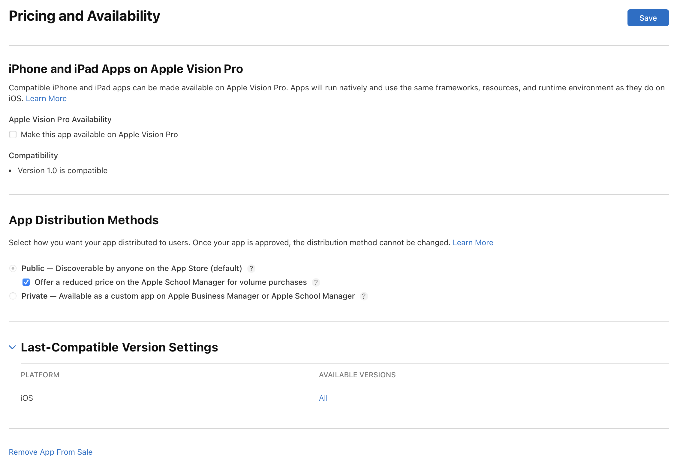 Screenshot of the Pricing and Availability page, where the last section is titled "Last-Compatible Version Settings." Under the title is listed the available Platforms and the Available Versions.